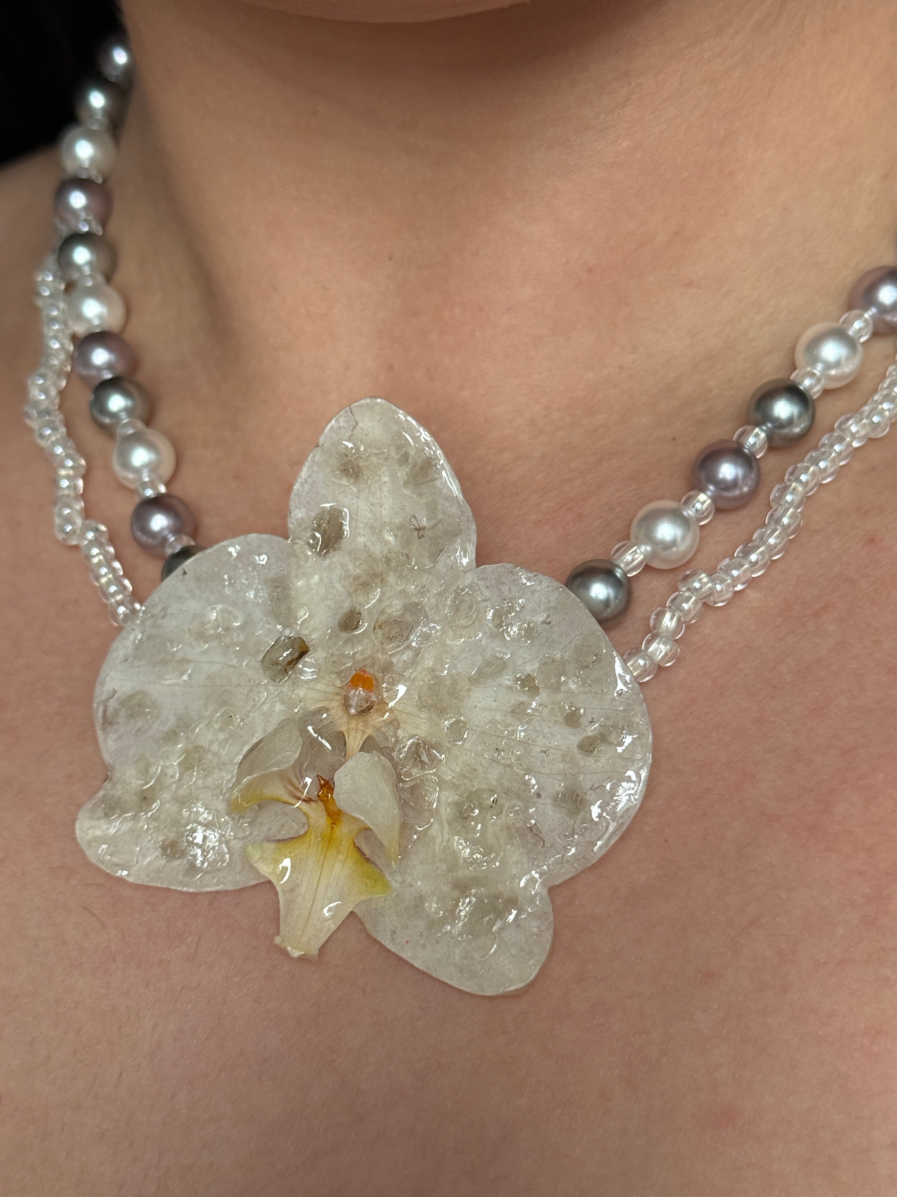 Frosted Pearl Orchid Necklace