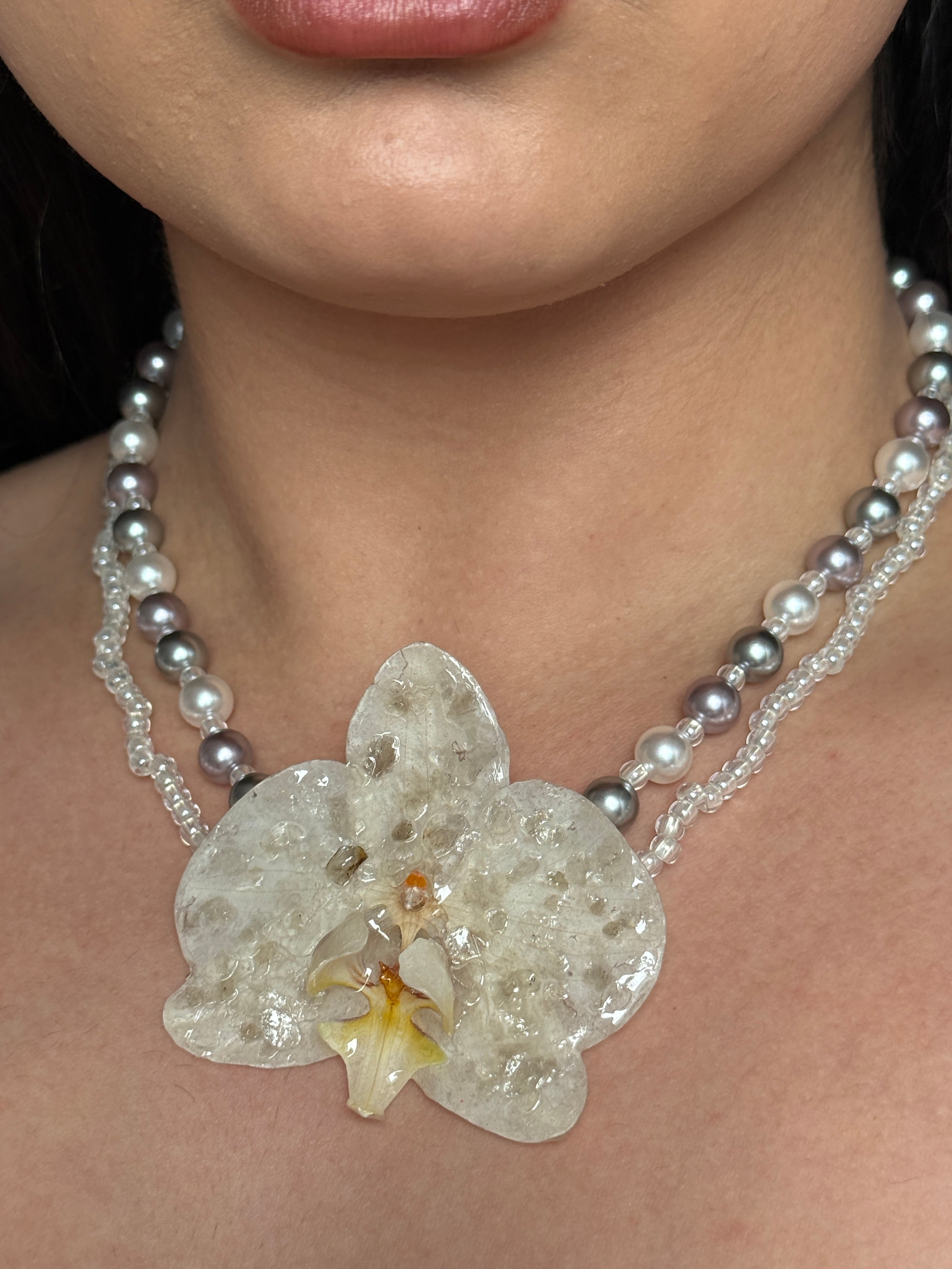 Frosted Pearl Orchid Necklace